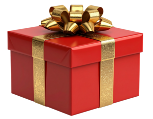 3D render of a neatly wrapped present with glossy red wrapping paper and a large gold bow on top, isolated on transparent background