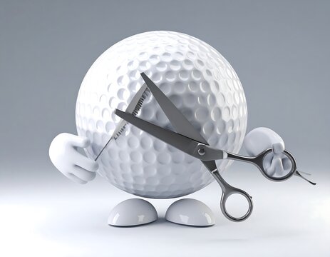 Golf ball character using scissors for a haircut