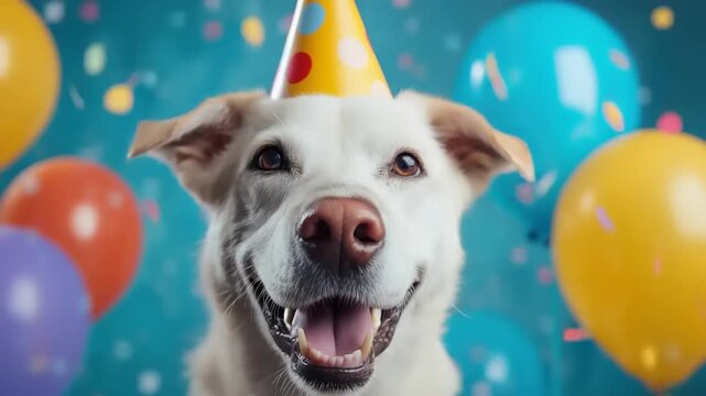Happy white dog wears a party hat surrounded by colorful balloons joyous celebration canine birthday festive occasion