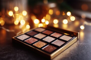 A makeup palette on a table with warm lights. The palette is gold and sparkly.