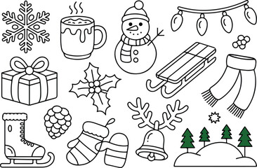 Festive black and white christmas icon set