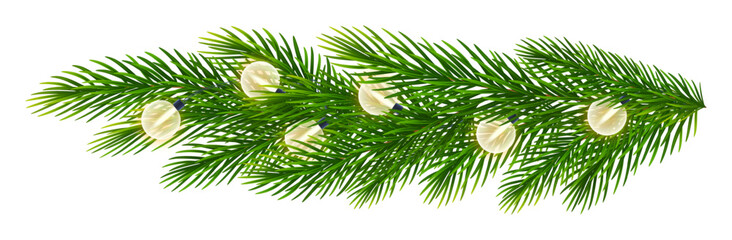 Realistic fir branch shimmering with bright Christmas lights. Christmas tree branches with garland round electric bulbs. For holiday banners, New Year, Christmas posters. Vector illustration