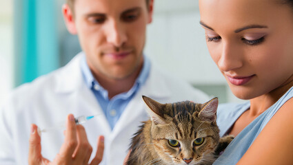 Veterinarian administering vaccine to a cat during a routine check-up at a clinic