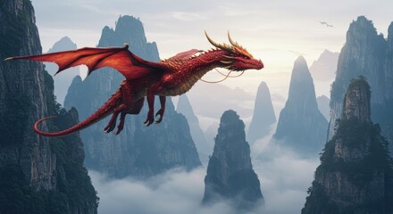 Majestic Red Dragon Soaring Above Misty Mountain Peaks, Fantasy Landscape