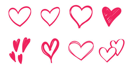 Heart icon, red doodle hearts, set hand drawn love symbol