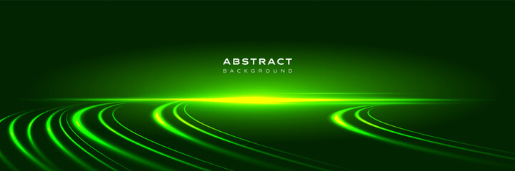 Abstract green light speed lines background in a futuristic style. Horizontal vector. Road lines, communication, and high-speed data flow for digital applications, covers, and presentations