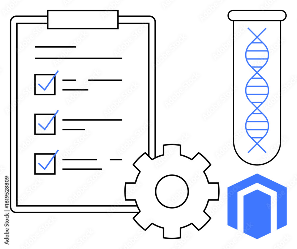 Poster checklist with marked tasks, dna helix in test tube, gear, and abstract framework. ideal for science
