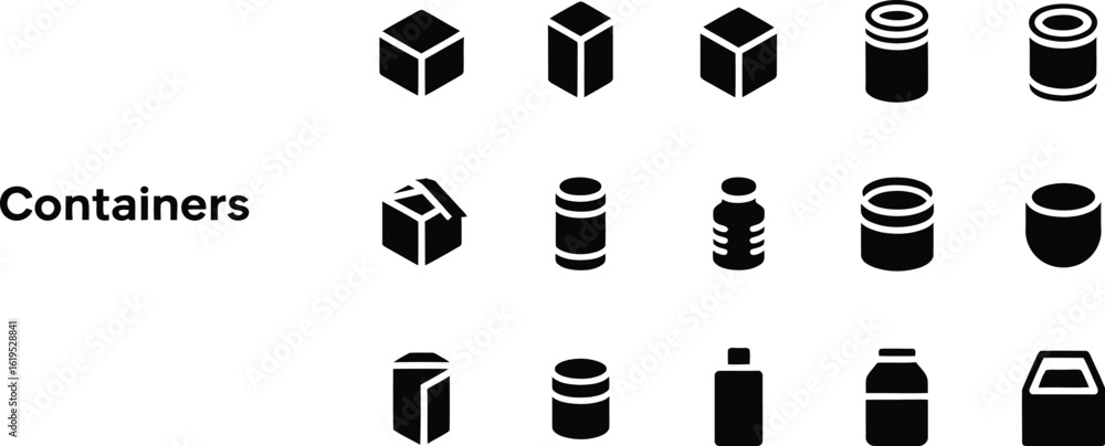 Poster a set of black container icons including boxes cans and bottles on a gray background