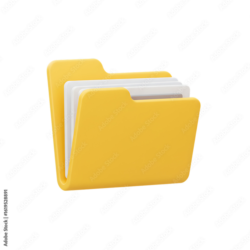 Poster yellow folder icon with documents inside on transparent background