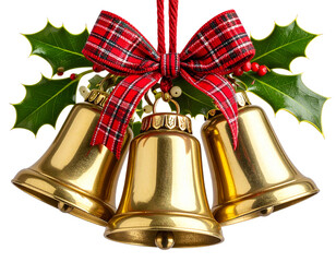 Golden sleigh bells tied with red ribbon and holly leaves isolated on transparent background PNG