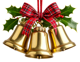 Golden sleigh bells tied with red ribbon and holly leaves isolated on transparent background PNG