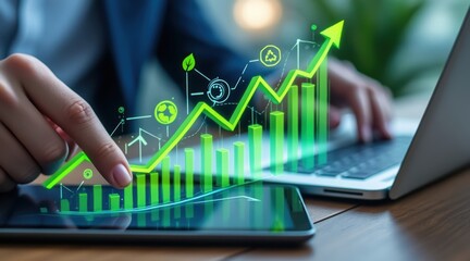 Person analyzing financial growth chart on digital tablet and laptop
