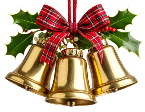 Golden sleigh bells tied with red ribbon and holly leaves isolated on transparent background PNG