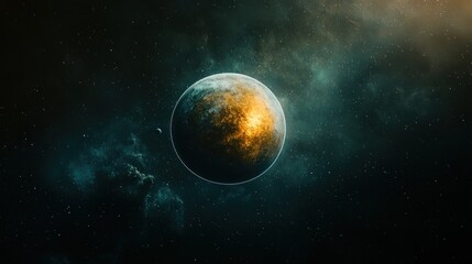 Obraz premium Cosmic Wonder: A Golden Planet in the Vast Nebula