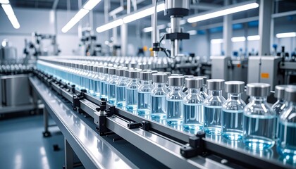 Automated production line filled with numerous clear glass bottles containing light blue liquid