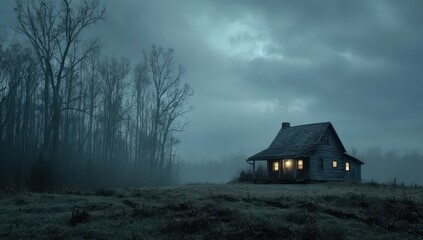 Rural house glows, solitary dwelling on hillside with foggy forest for isolation