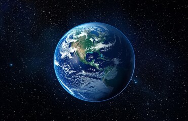 Stunning Realistic Rendering of Earth in Space with Continent Details and a Spectacular Star-Filled Background Showcasing Vastness, Depth and Earth's Fragility Amidst the Infinite