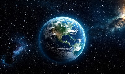 Fototapeta premium Stunning Realistic View of Earth from Space, Capturing Detailed Continents and Oceans Illuminated by Soft Cosmic Light Against a Majestic Starry Background with Nebulae Colors