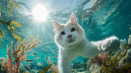 large cute white cat swimming withs arms outstretch under the bright ocean close towards the camera, fish surround the cat and seaweed and coral decorate the sea floor