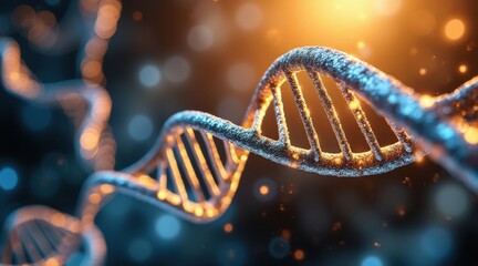 Close up of a glowing double helix dna strand with bokeh lights