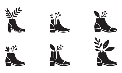 Obraz premium Fall Boots with Plants Icon Set silhouette vector art illustration.