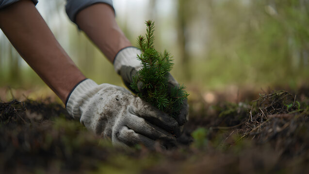 Hands planting a young pine tree seedling in rich soil, environmental conservation, springtime.