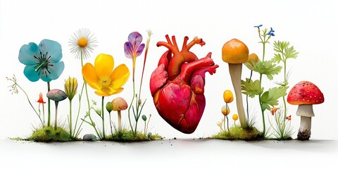 Surreal human heart blooming with wildflowers and surrounded by mushrooms