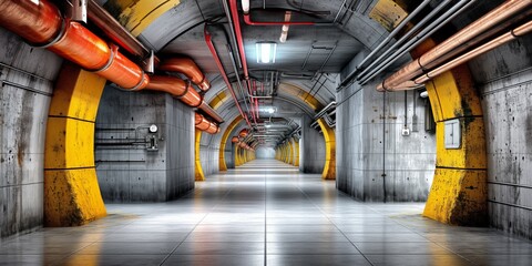 A futuristic underground tunnel with industrial pipes and concrete walls