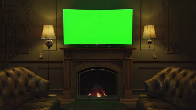 .TV with #00FF00 screen in front of a fireplace in cozy dark living room, soft lamp light and couch ambience 