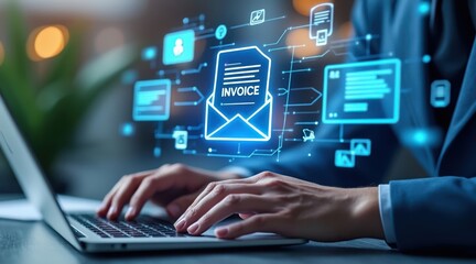 Businessperson typing on laptop with digital email and communication icons floating above