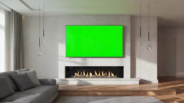 TV with #00FF00 screen in front of a fireplace in cozy dark living room, soft lamp light and couch ambience 