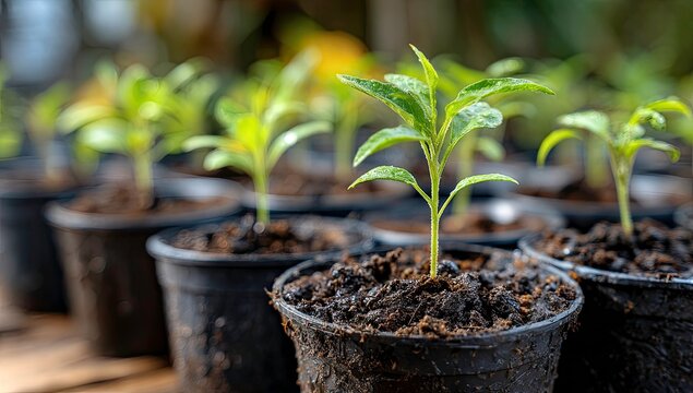 Young pepper plants growing in black plastic pots ready for transplanting