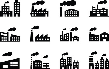 Obraz premium Twelve black factory icons with smoke stacks in a grid on a white background