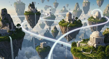 Floating Islands with Ancient Architecture and Waterfalls in a Fantasy Sky Realm