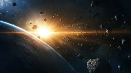 Obraz premium Cosmic Dawn: Earth's Encounter with Asteroid Field
