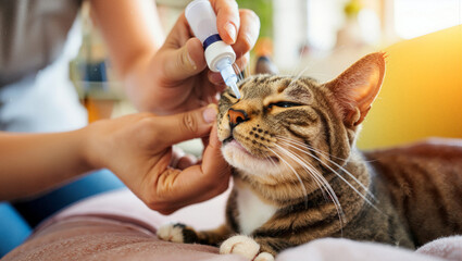 Applying eye drops to a cat during veterinary care in a cozy environment