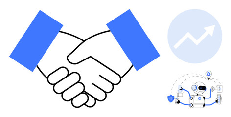 Handshake symbolizing partnership, AI robot handling tasks, upward arrow representing growth. Ideal for business, technology, cooperation, automation, innovation teamwork progress. Clean simple