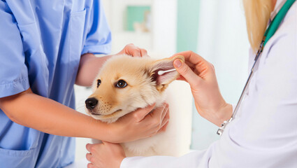 Veterinary professionals examining a puppy's ear in a clinic setting