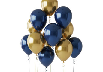 A cluster of round metallic navy blue and shiny gold helium balloons with delicate strings, highly reflective and floating against a transparent studio background with ample negative space. Concept of