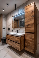Modern bathroom features wood vanity, cabinet, marble tile, and minimalist fixtures