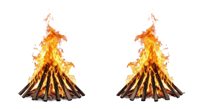 Two intensely burning bonfires, vibrant orange and yellow flames rising, with charred logs, embers, ash, against a transparent background, studio light, no shadows. Concept of warmth, primal energy,