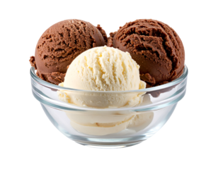 chocolate vanilla ice cream scoop in glass bowl isolated on transparent png