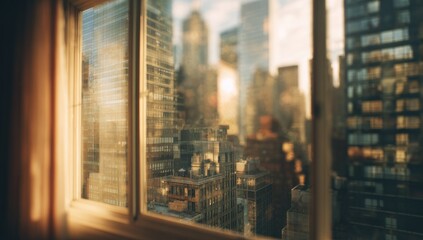 Golden hour view of a city skyline seen through a window