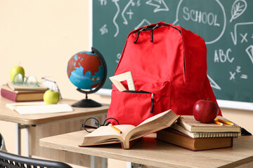 School desk with backpack, books and apple in classroom
