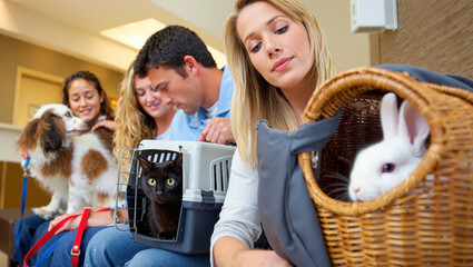Veterinary visit where pet owners wait with various animals at a clinic in the afternoon