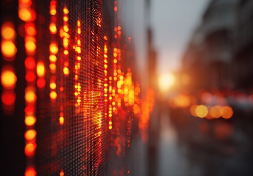 Blurred city street at sunset, large illuminated LED display showing abstract data