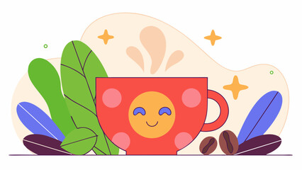 A cheerful red coffee cup with a smiling face and polka dots sits amongst vibrant green leaves and abstract shapes evoking a sense of warmth and morning energy