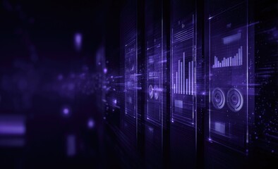 Abstract digital data visualization with purple hues and glowing interfaces