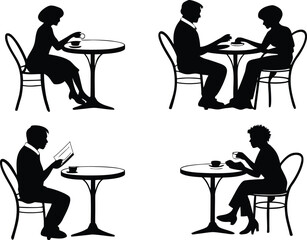People enjoying drinks and reading at tables silhouettes cafe