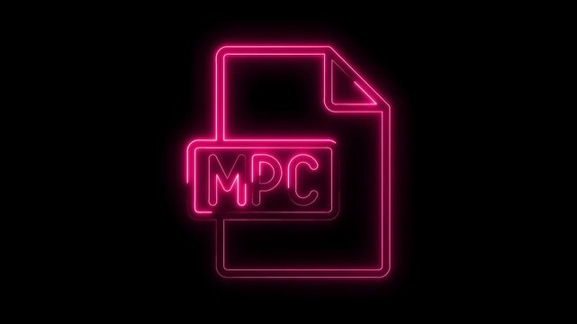 Glowing neon M P C file icon animation bright pink light on transparent black background futuristic digital